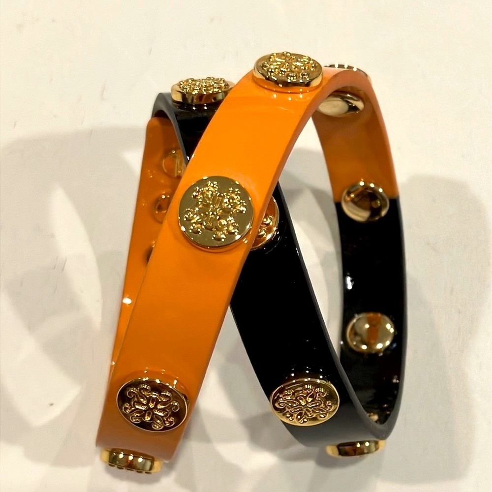 Rustic Cuff | Orange & Black Wrap Leather Bracelet with Gold Accents